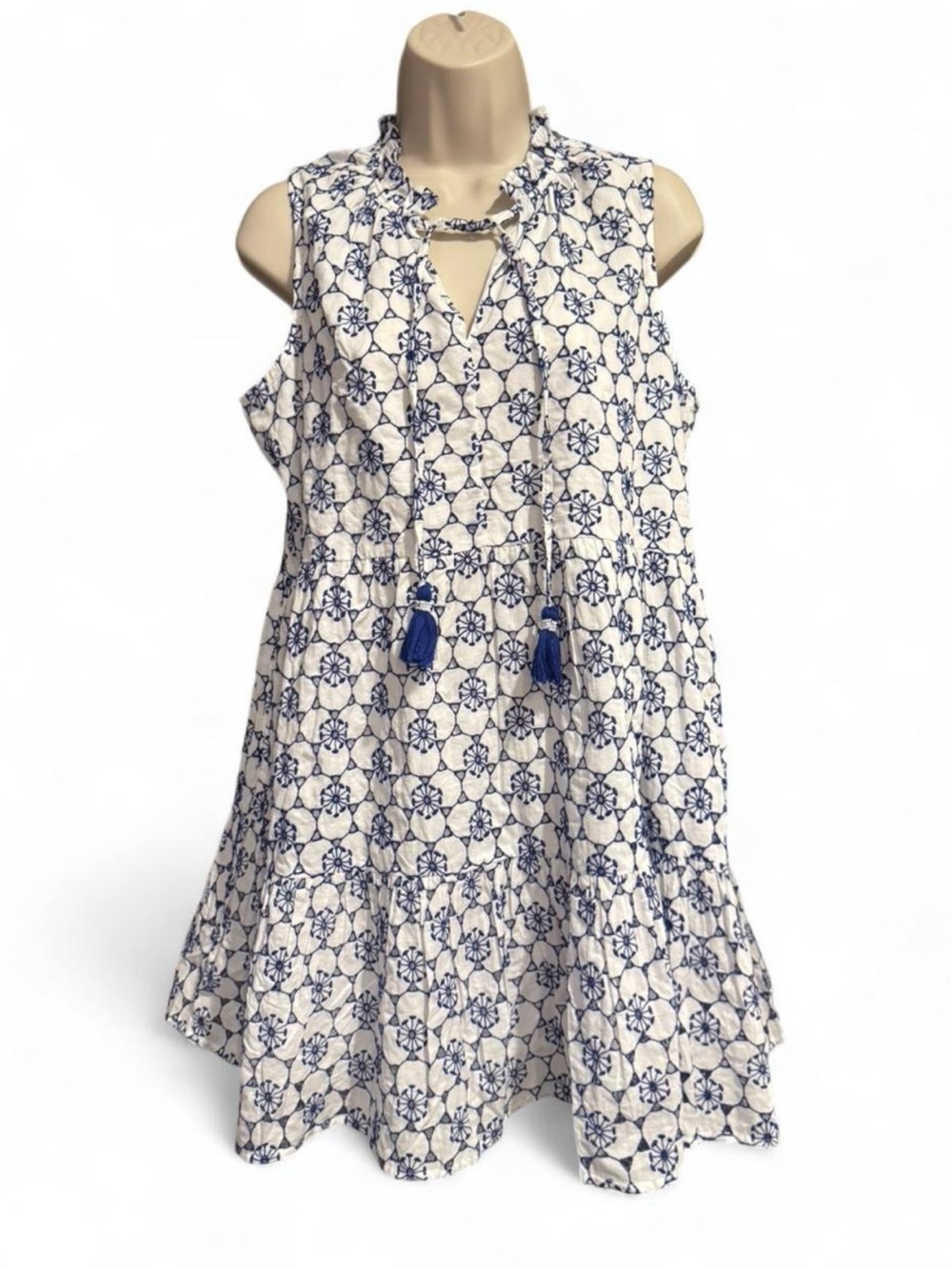 Tolani Hailey Eyelet Dress MP Blue White Embroidered Cotton Tassel Pockets
